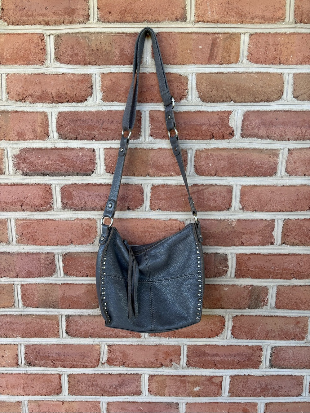 The SAK Gray Leather Crossbody Bag with Stud Detailing